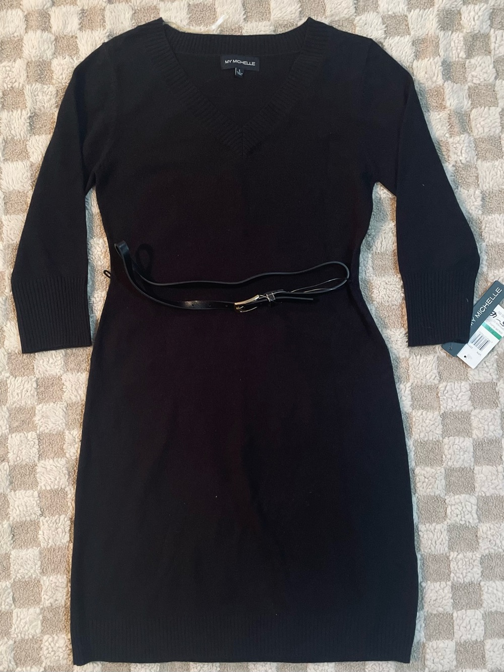 My Michelle Black V-Neck Knit Dress with Patent Belt